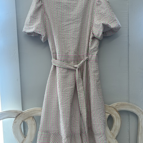 DRAPER JAMES Puff Sleeve Wrap Pink Green Stripe Preppy Dress Size Large - Picture 7 of 7